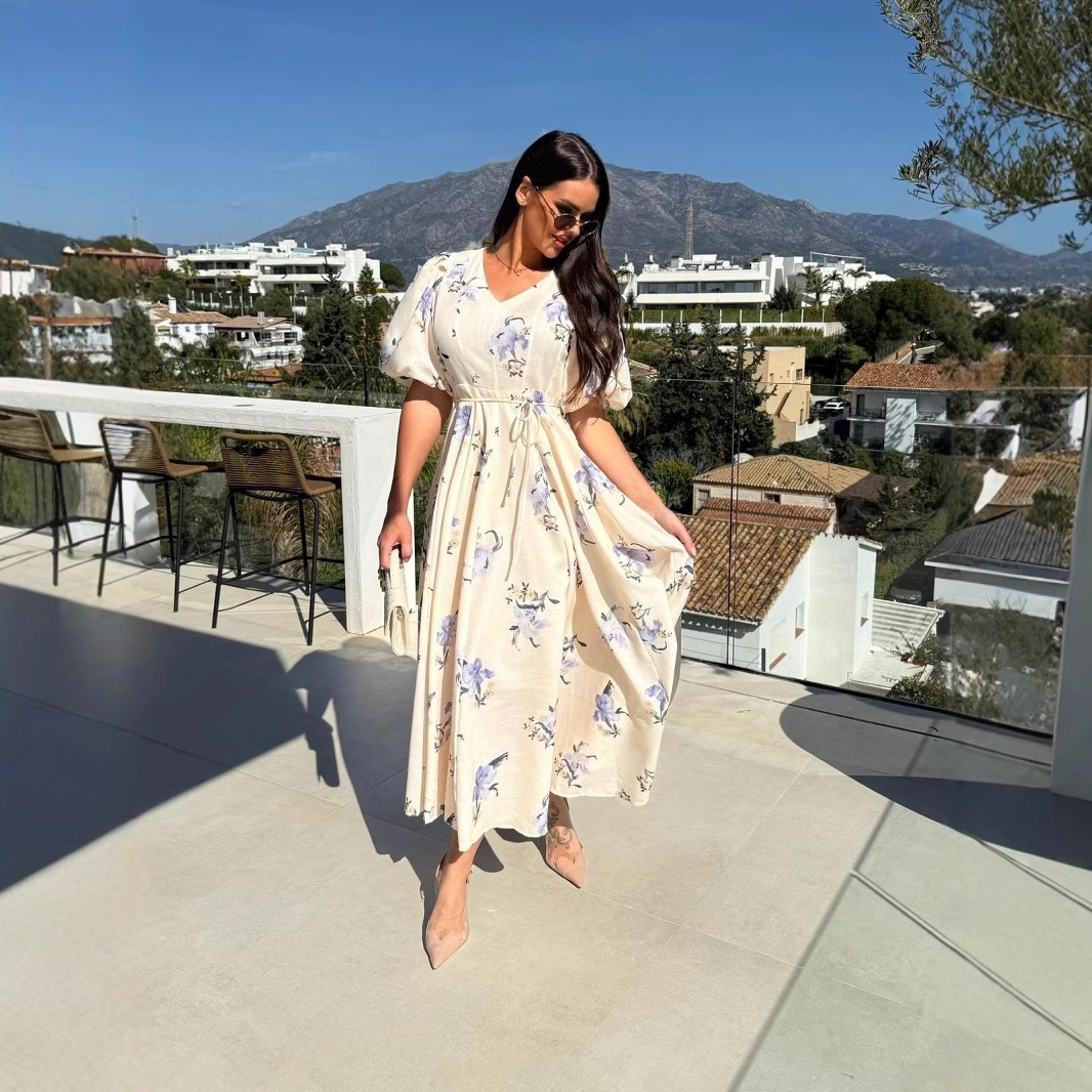 Women's Summer V-Neck Short Sleeve Floral Print Tie-Waist Maxi Dress