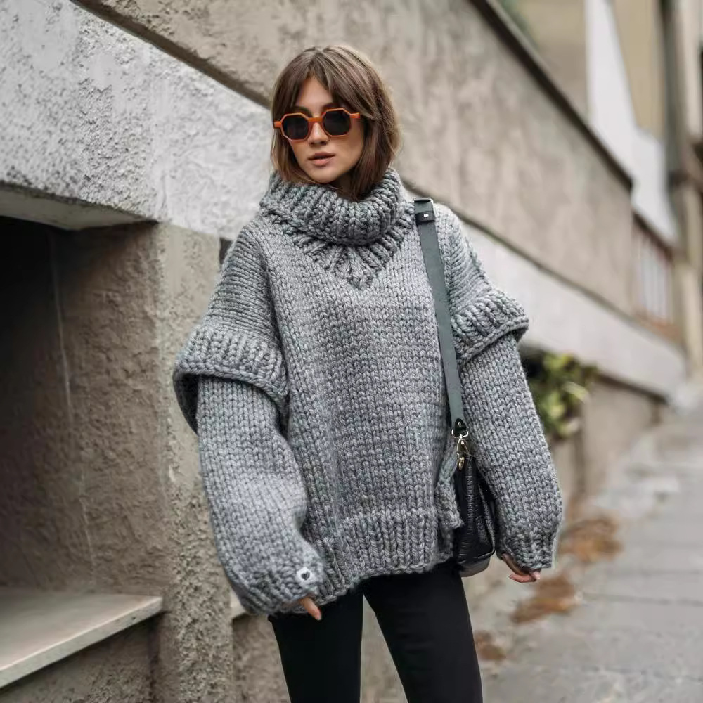 Fluffy High Neck Pullover Sweater Long Sleeve Knit Top