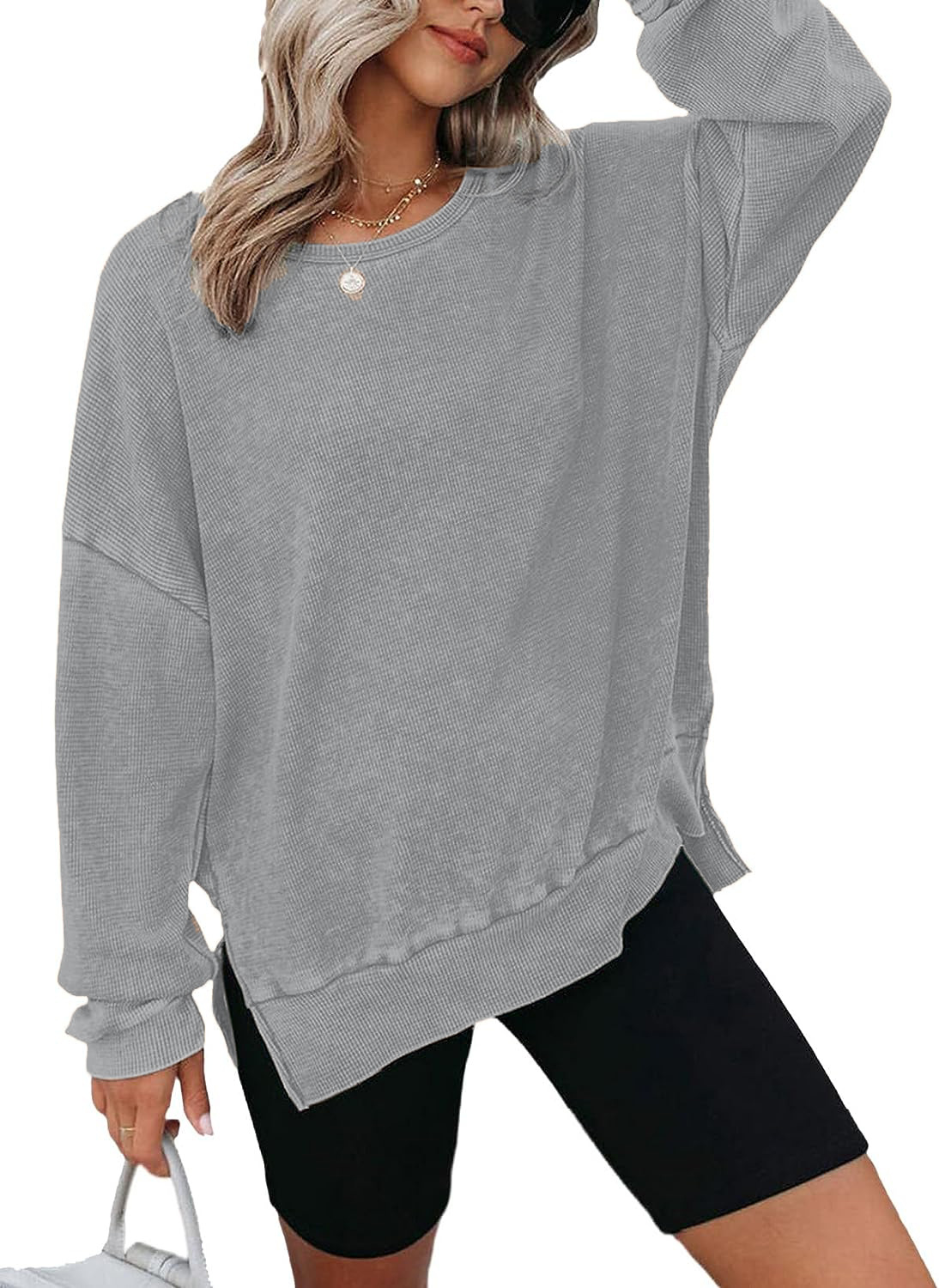 Women's Waffle Knit Crewneck Long Sleeve Side Slit Pullover Top