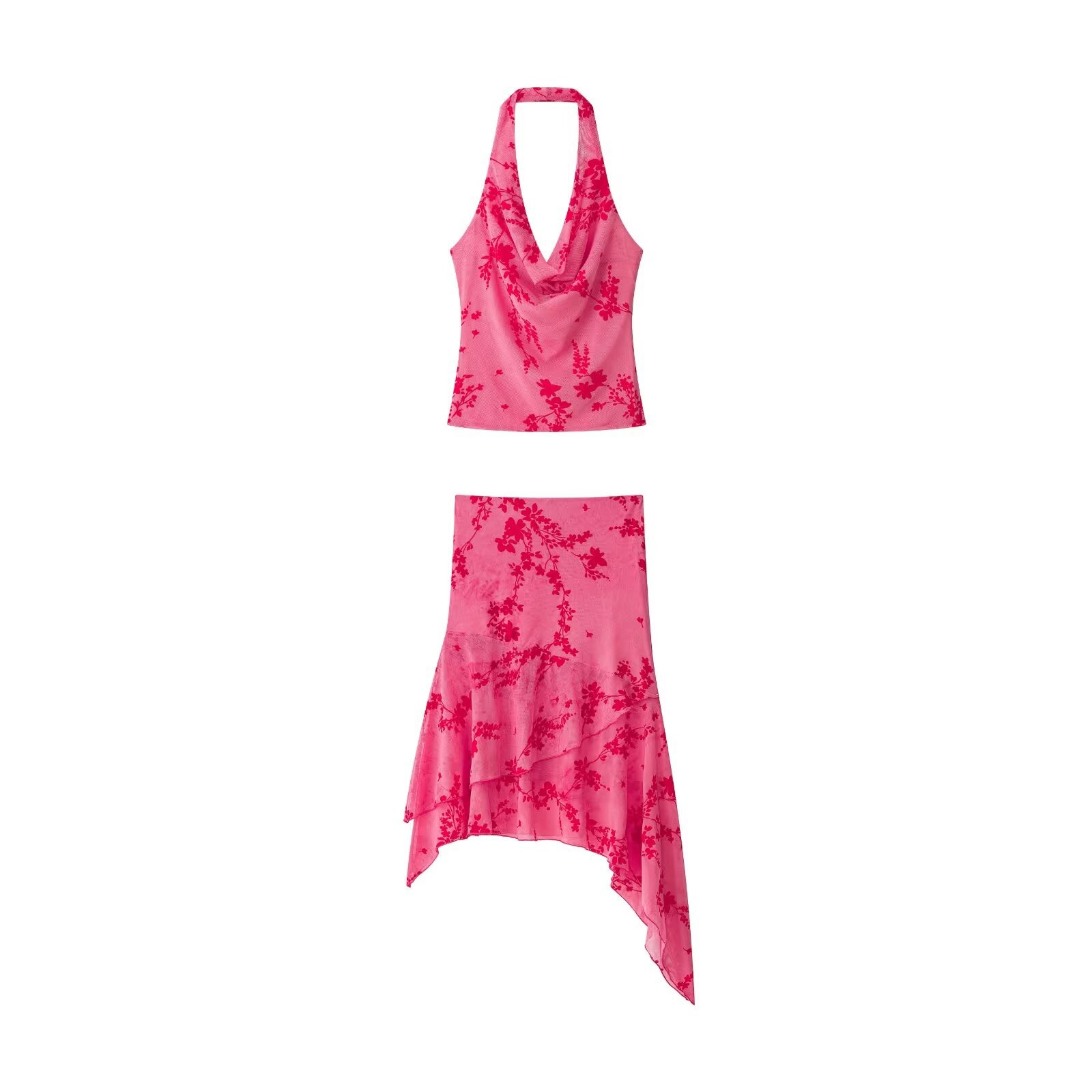 Women's Floral Print Lace Trim Two-Piece Skirt Set