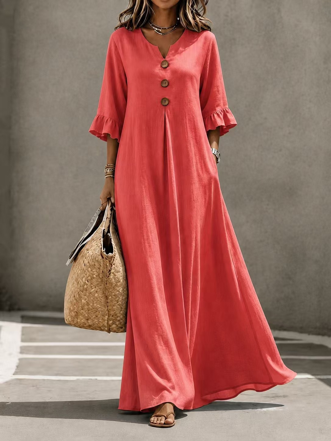 V-Neck Button Ruffle Sleeve Solid Loose Casual Dress