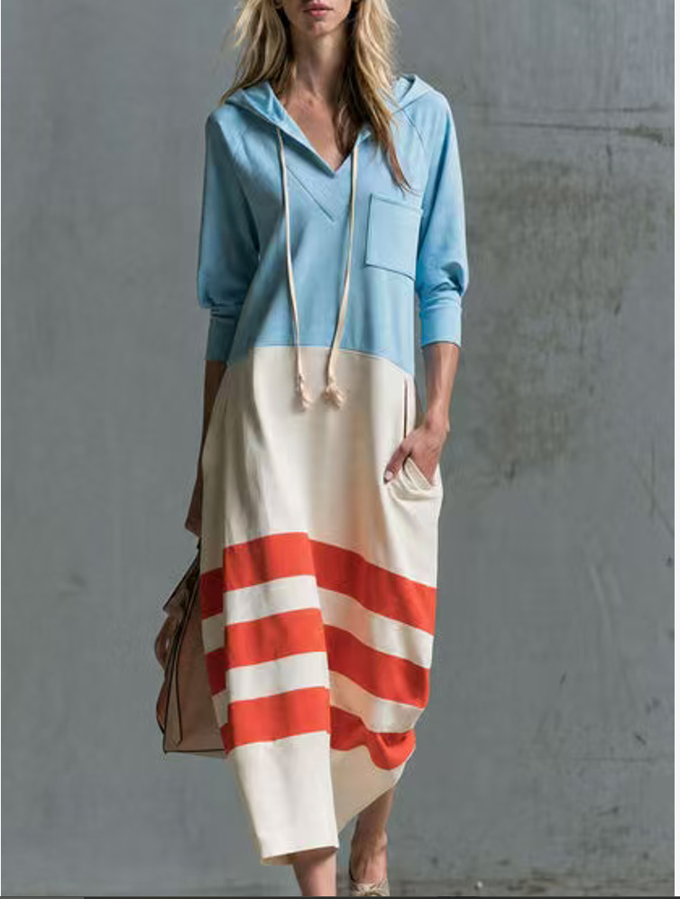 Women's Casual Color-Block Striped Hooded Sweatshirt Dress Loose 3/4 Sleeve A-Line Midi
