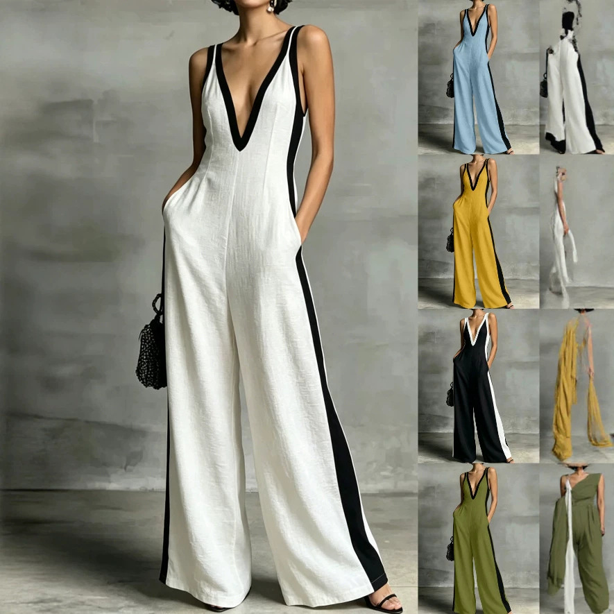 V-Neck Sleeveless Colorblock Wide-Leg Jumpsuit