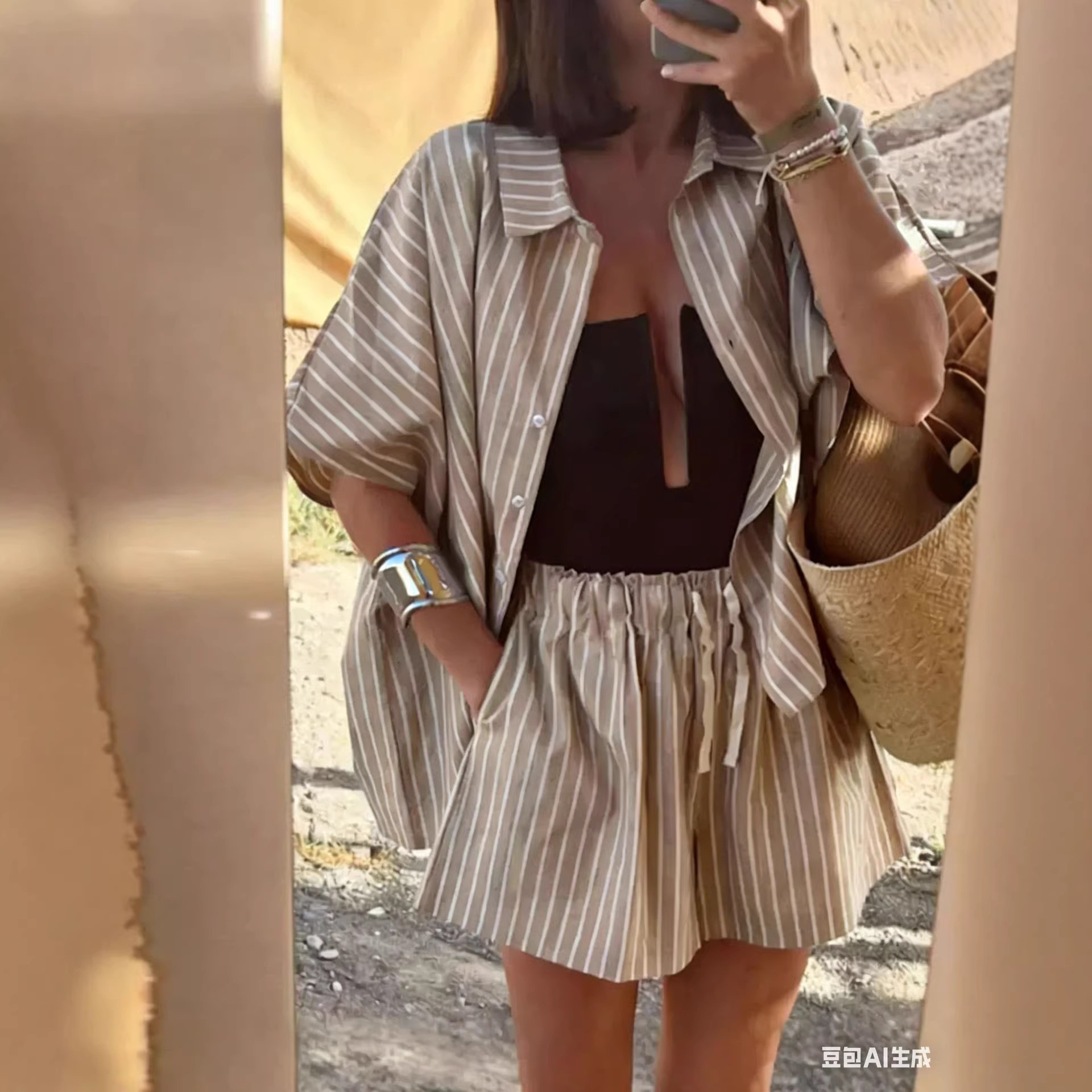 Striped Shirt and Shorts Set Casual Loungewear