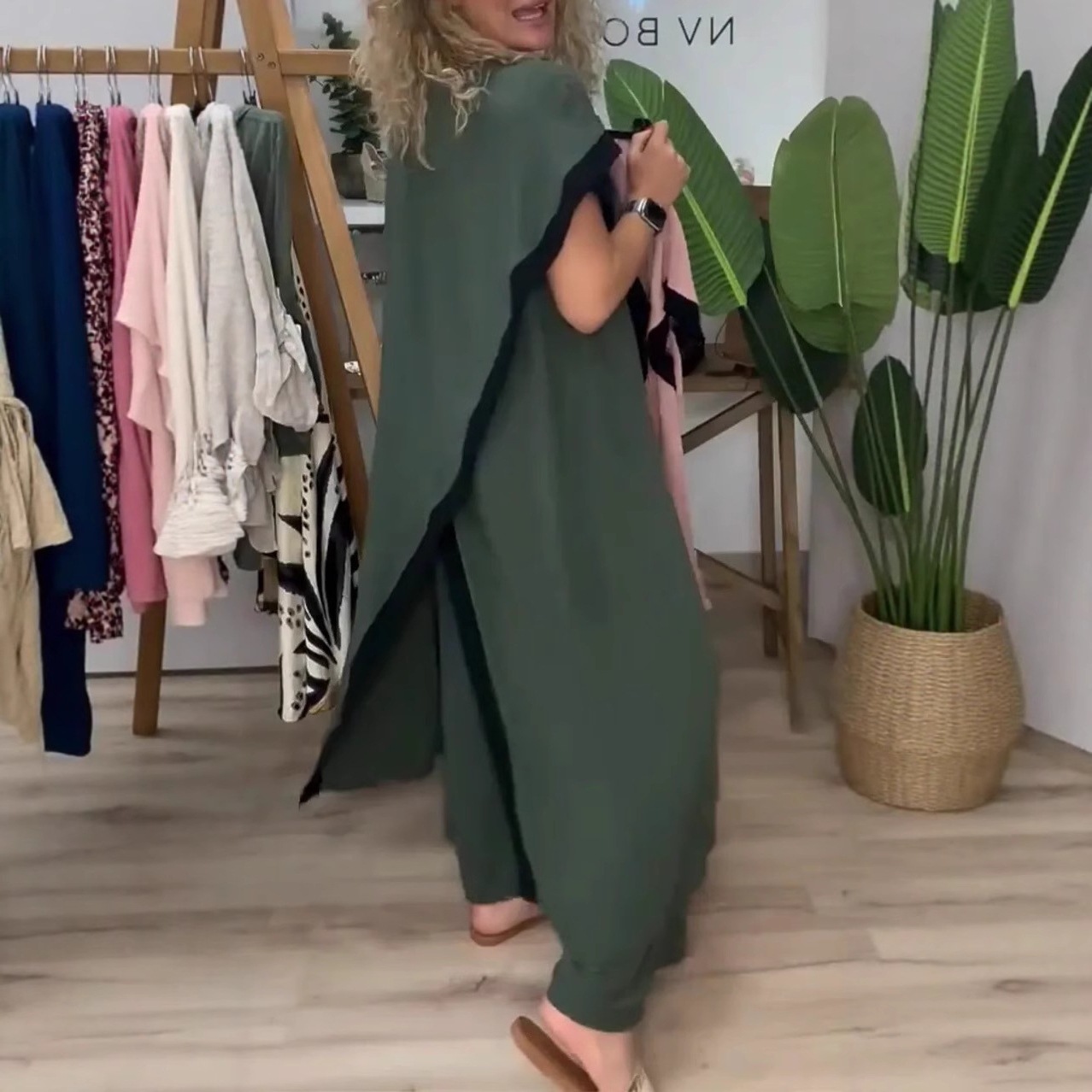 Color-Block Loose Long Dress Set with Pants, Green