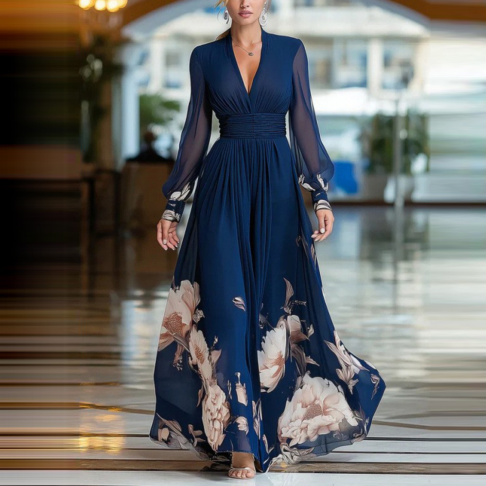 Long Mesh Panel French Slim Fit Floral Print Maxi Dress