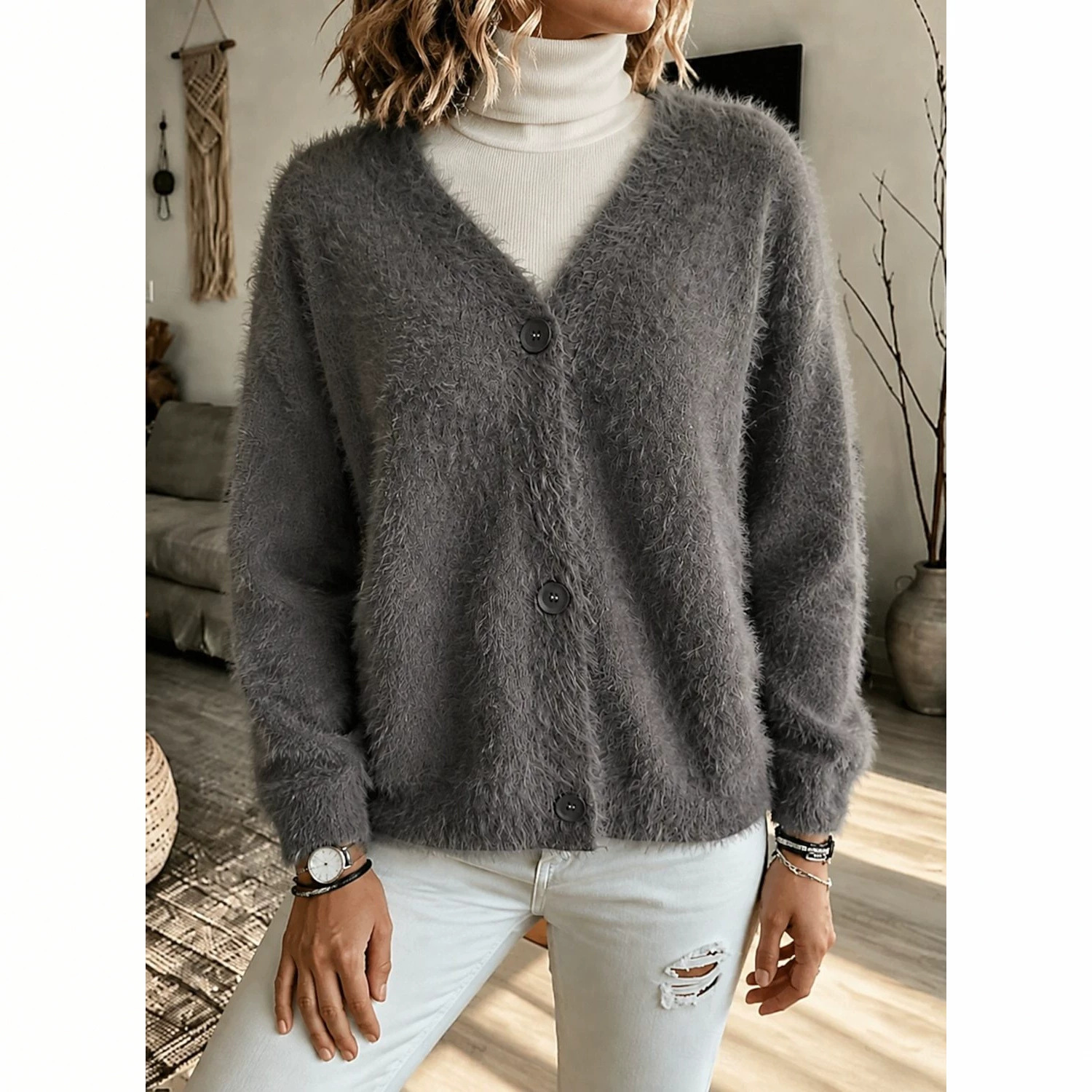 Faux Mink Knit Cardigan V-Neck Loose Long Sleeve Sweater Coat