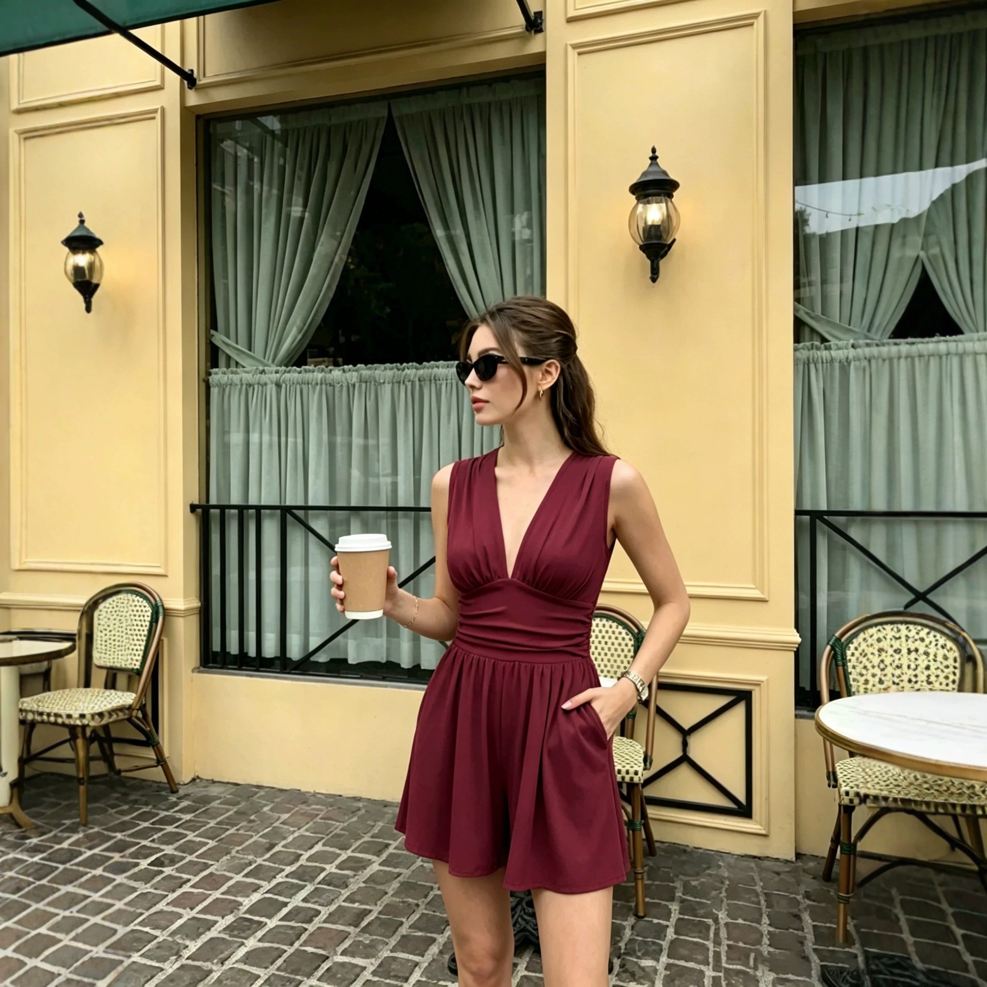 Women's Deep V-Neck Sleeveless Wide-Leg Romper