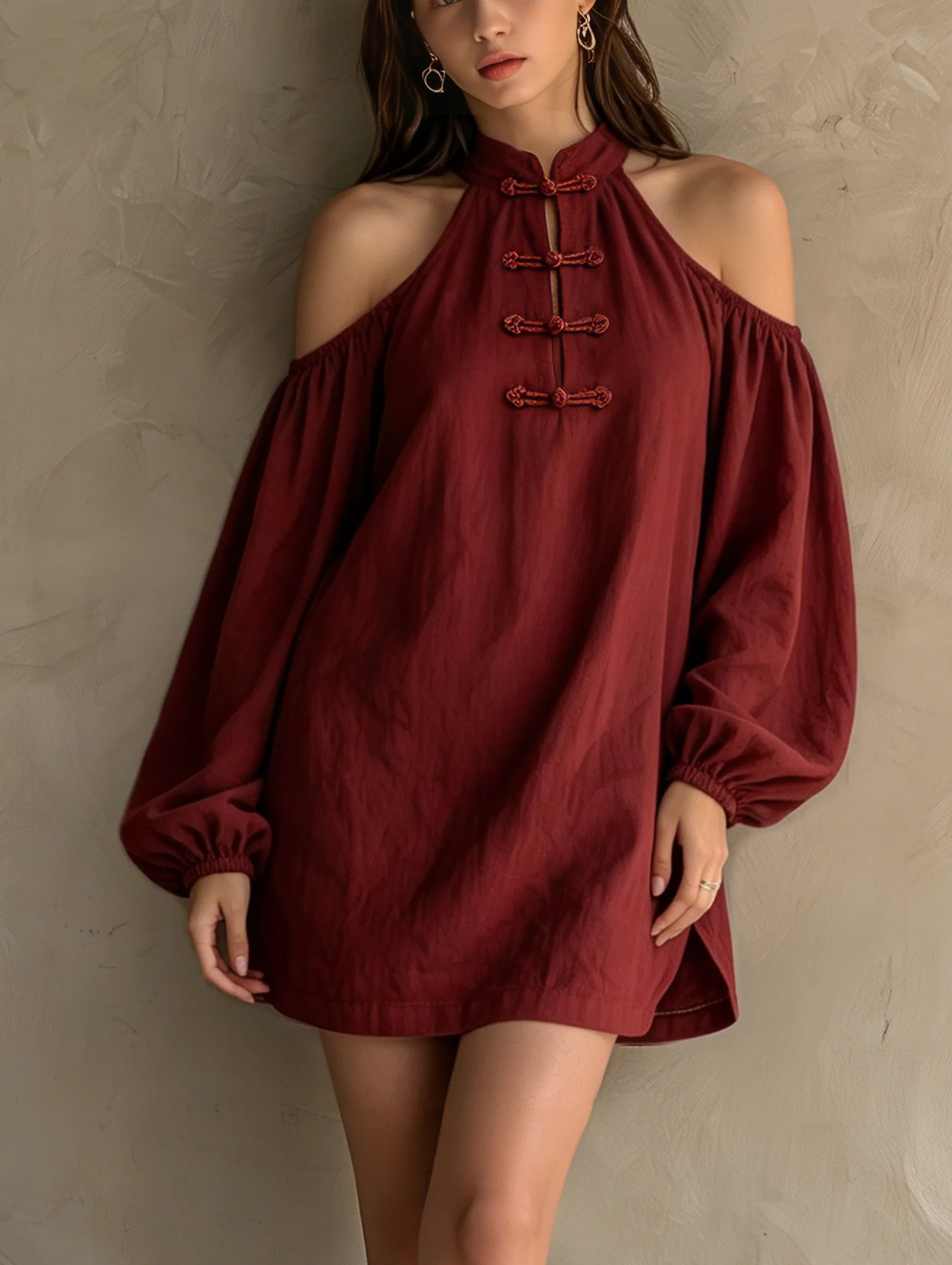 Off-Shoulder Retro Long-Sleeve Solid Color Loose Casual Dress