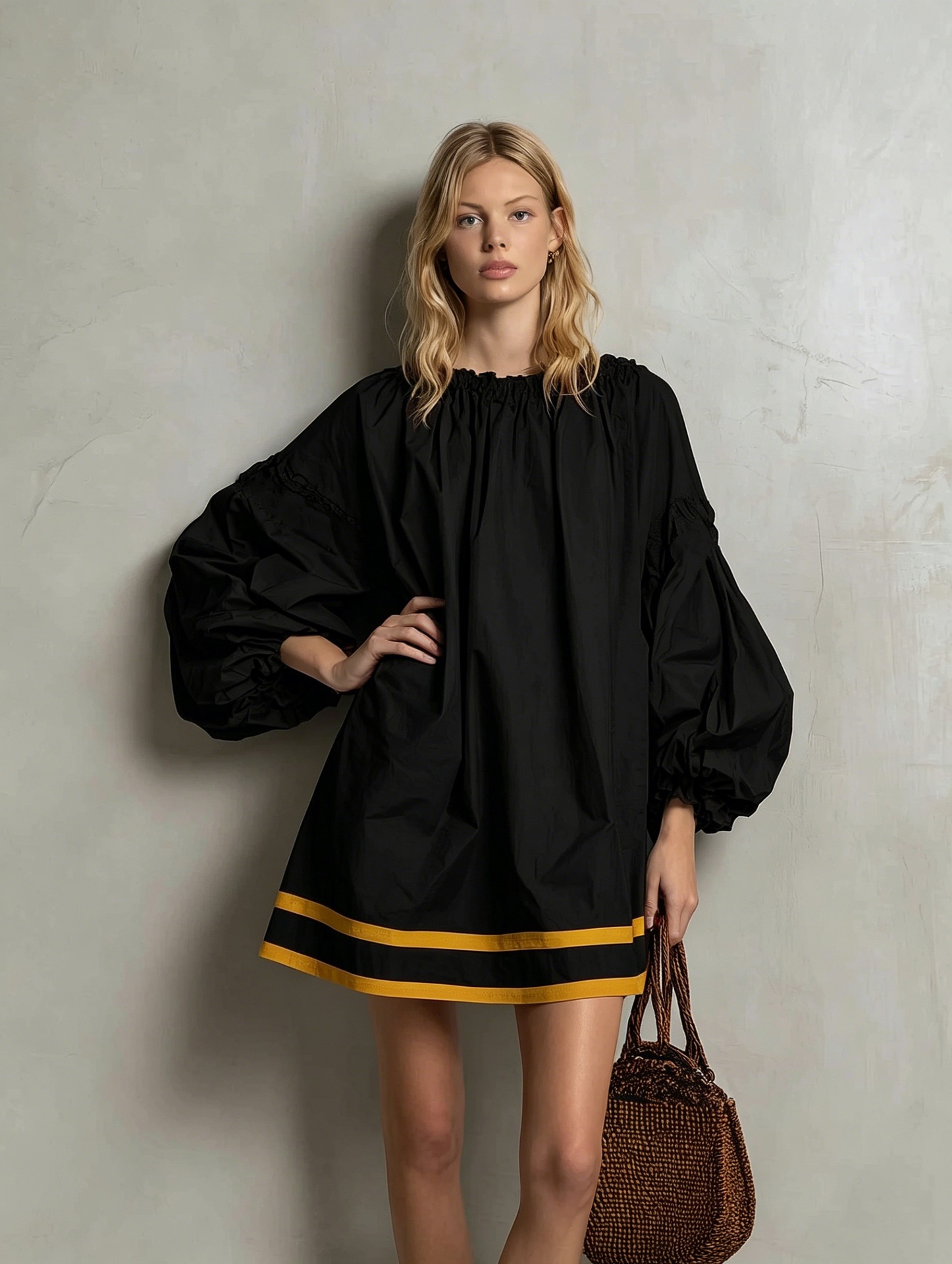 Women's Loose A-Line Dress with Round Neck, Puff Sleeves, Colorblock Patchwork, Short Babydoll Vacation Style