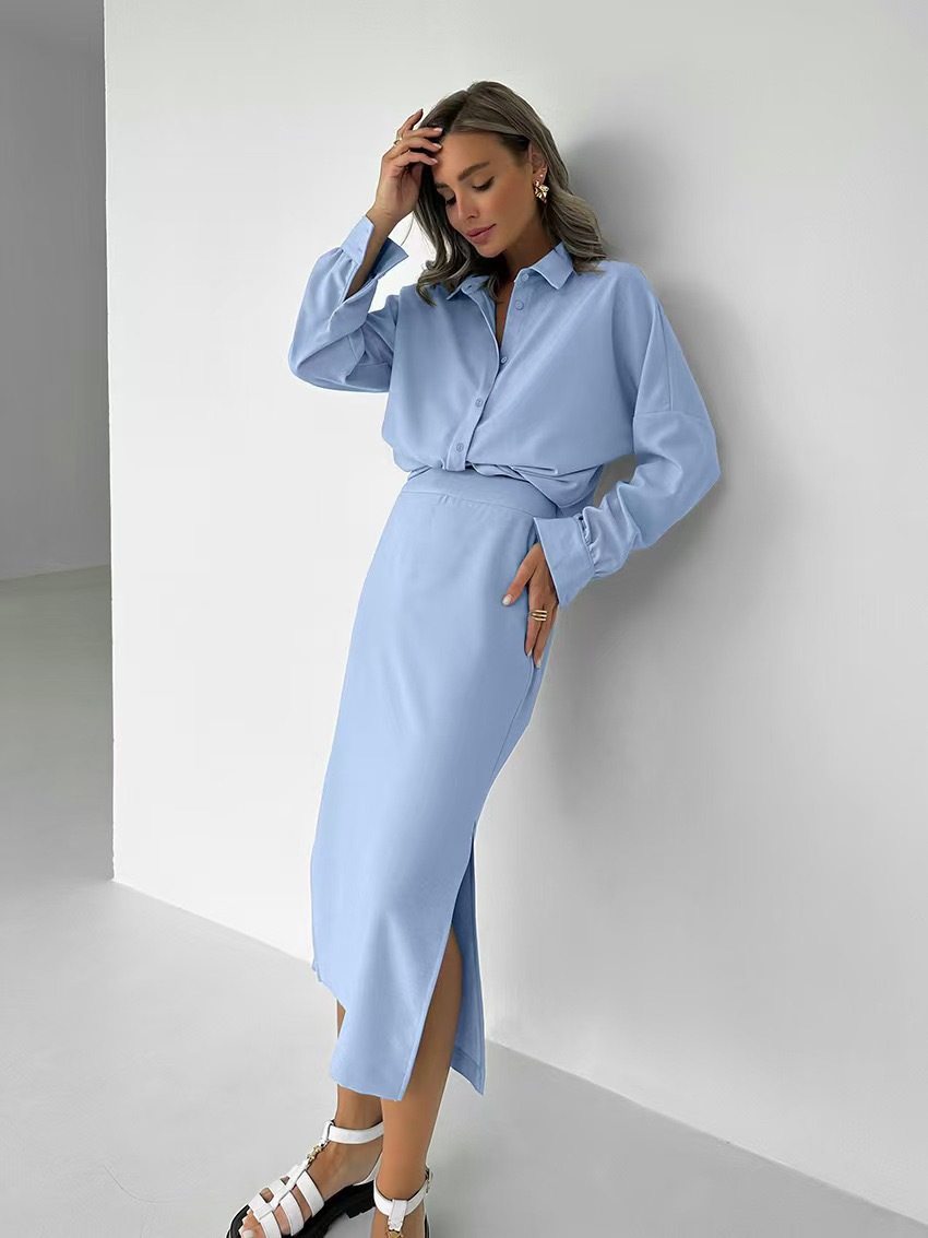 Elegant Women's Single-Breasted Shirt and High-Waisted Slit Skirt Two-Piece Set