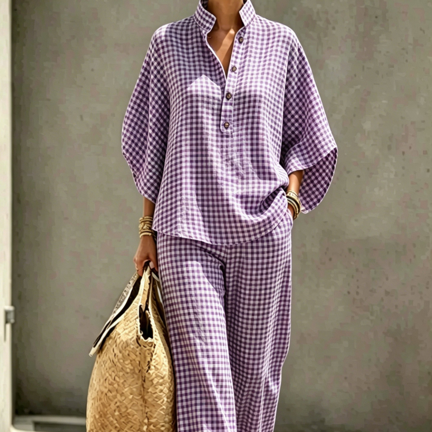 Women's Striped Plaid Print Long Sleeve Button Collared Top Set