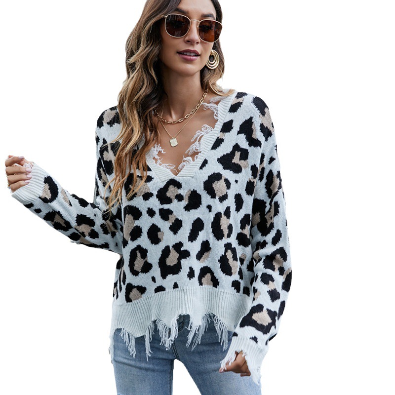 Women's Loose Cropped V-Neck Fringe Knit Sweater