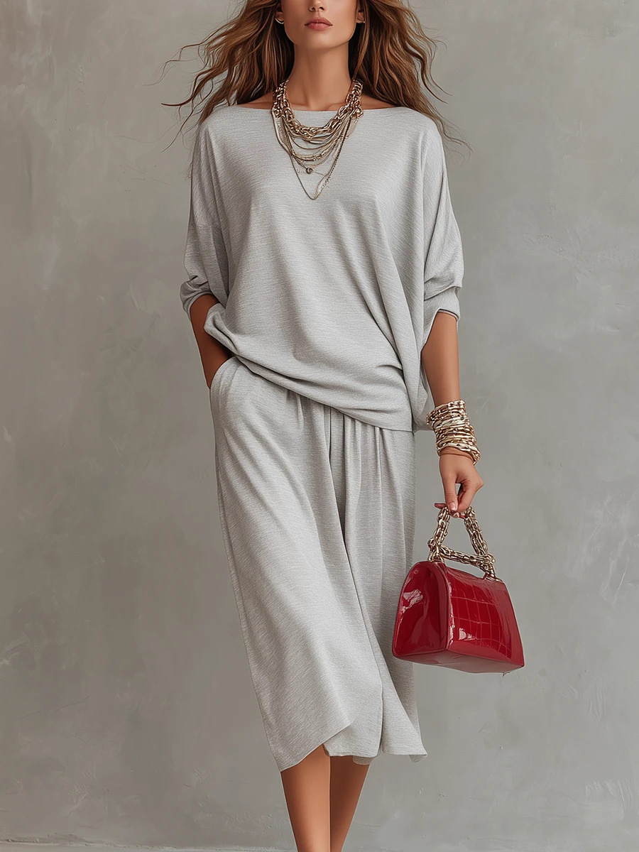 Off-Shoulder Knit Top & Midi Skirt Set Casual Loungewear