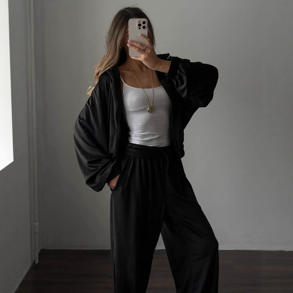 Women's Solid Color Zip-Up Cardigan and Pants Two-Piece Set