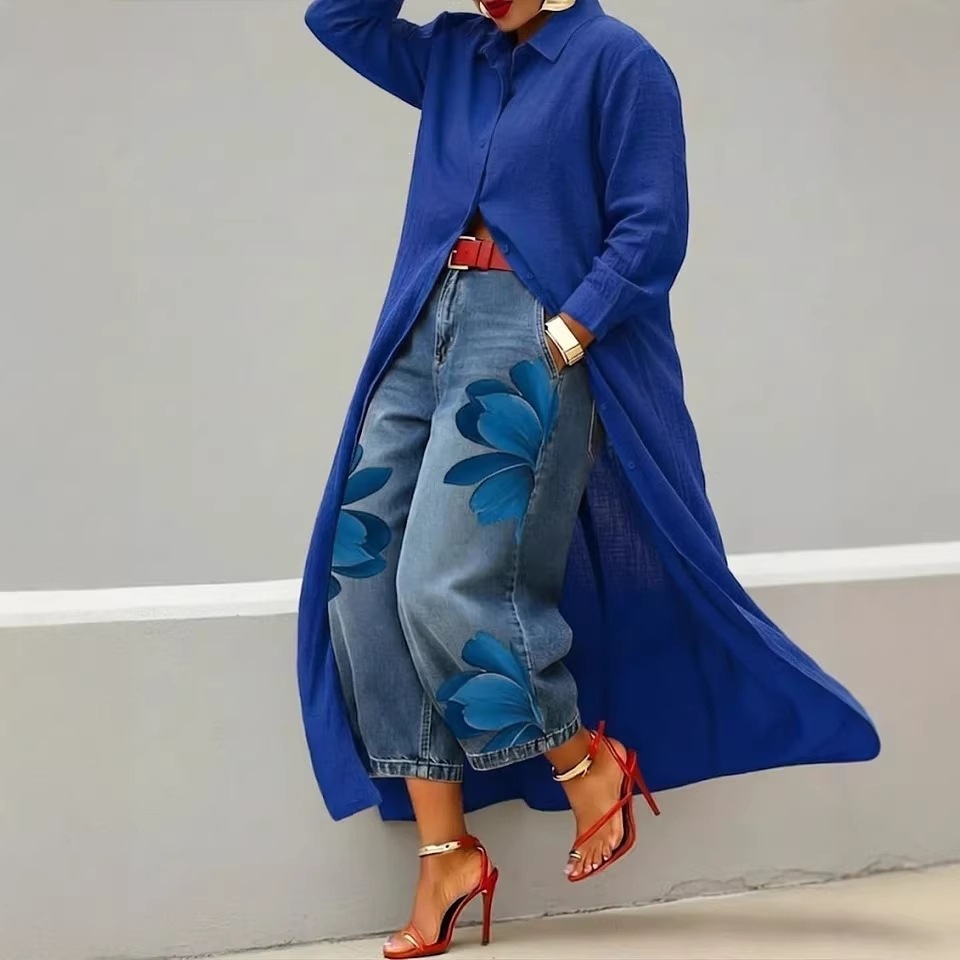 Solid Color Loose Long Shirt Dress with Polo Collar