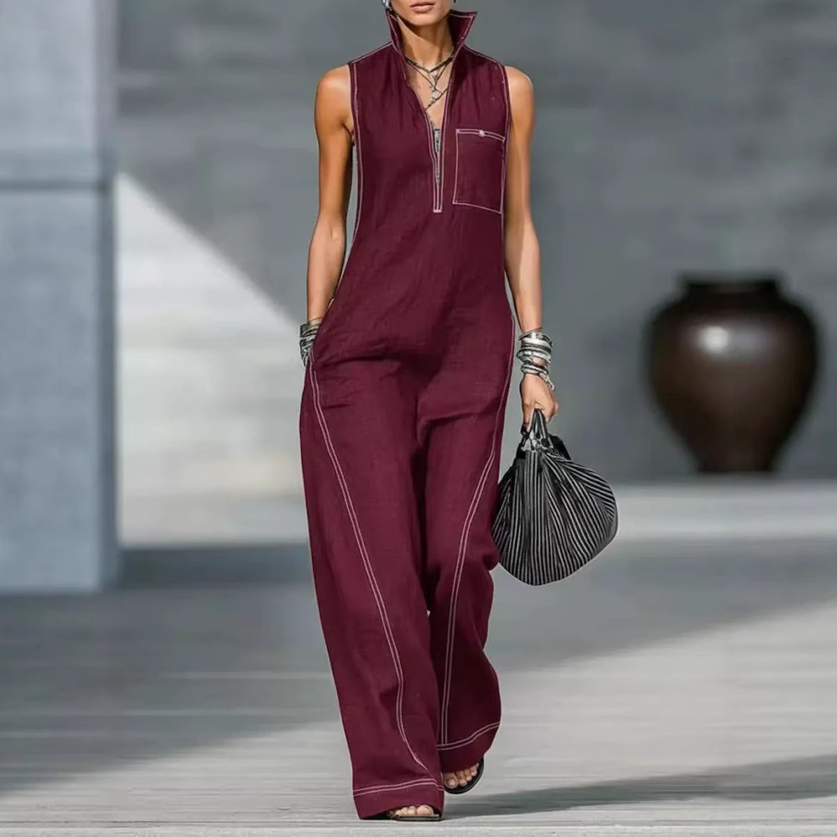 Women's Sleeveless Stand Collar Wide-Leg Jumpsuit