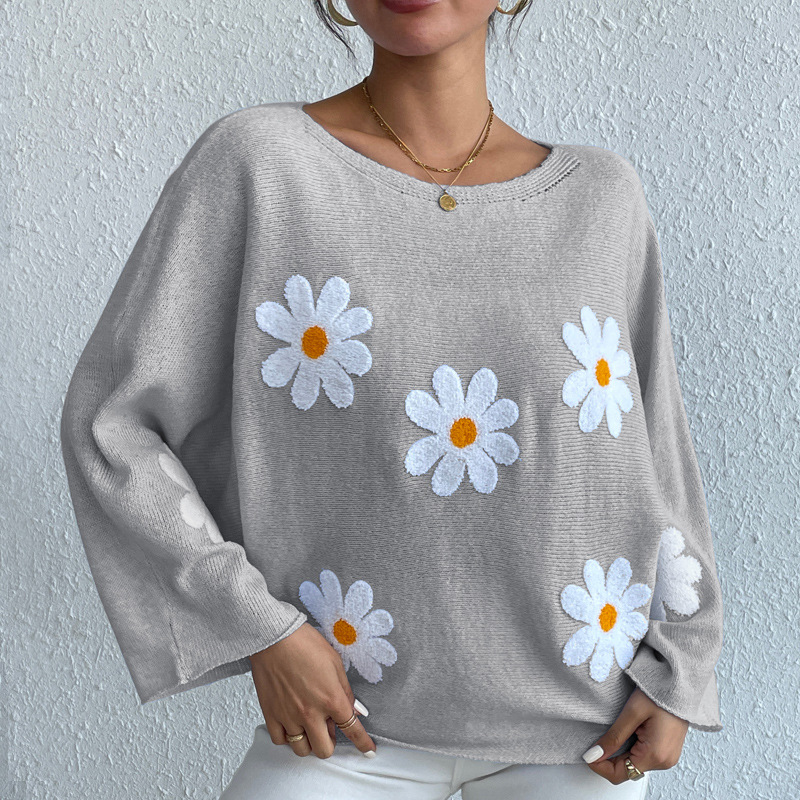 Sweet Floral Embroidered Off-Shoulder Loose Knit Sweater