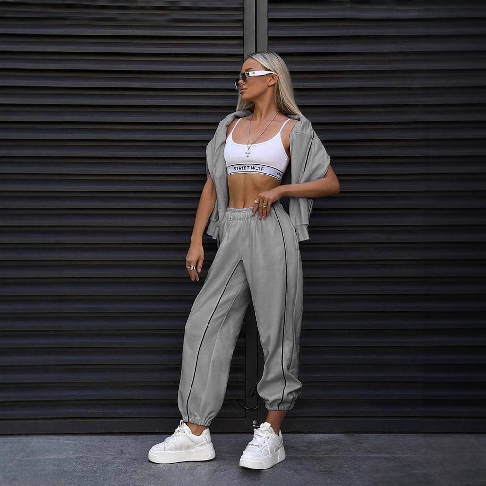 Women's Streetwear Long Sleeve Line Detail Sweatshirt and Pants Two-Piece Set