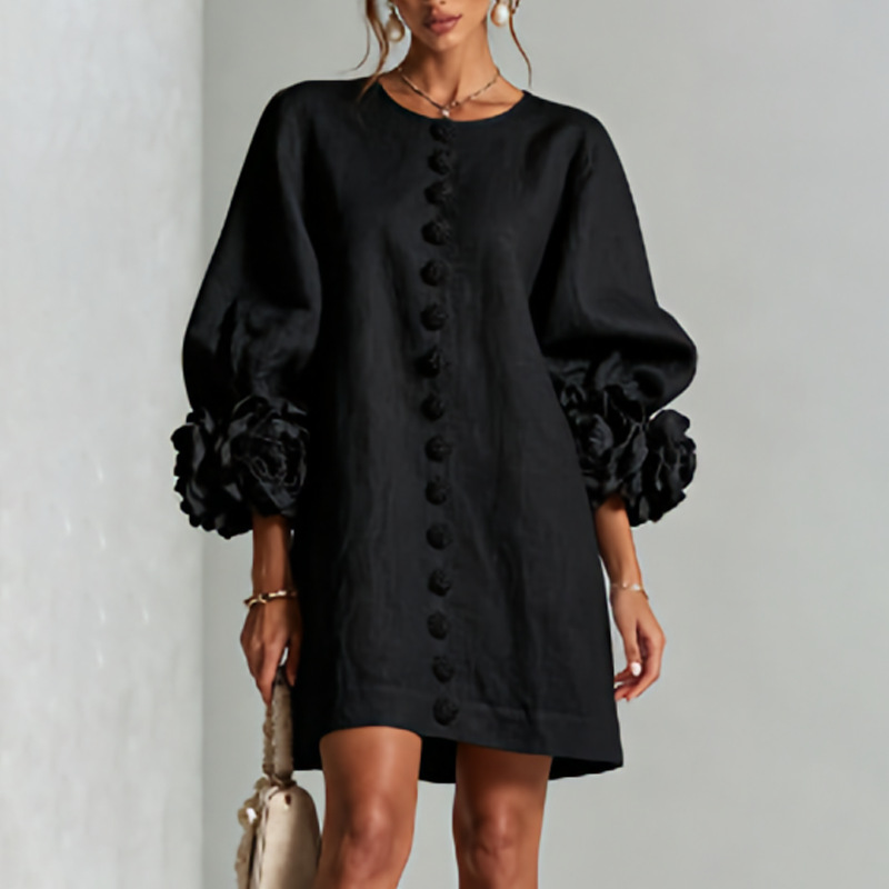Women's French Style 3D Floral Lantern Sleeve Dress