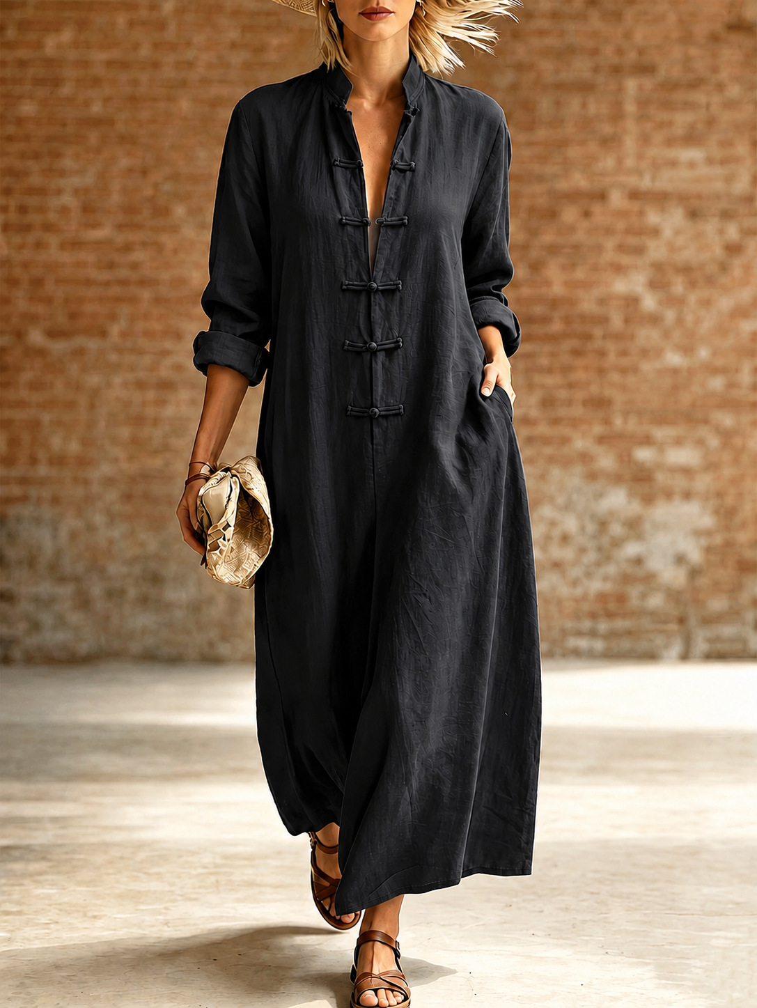 Retro Chinese Frog Button A-Line Dress Long Sleeve Loose Fit