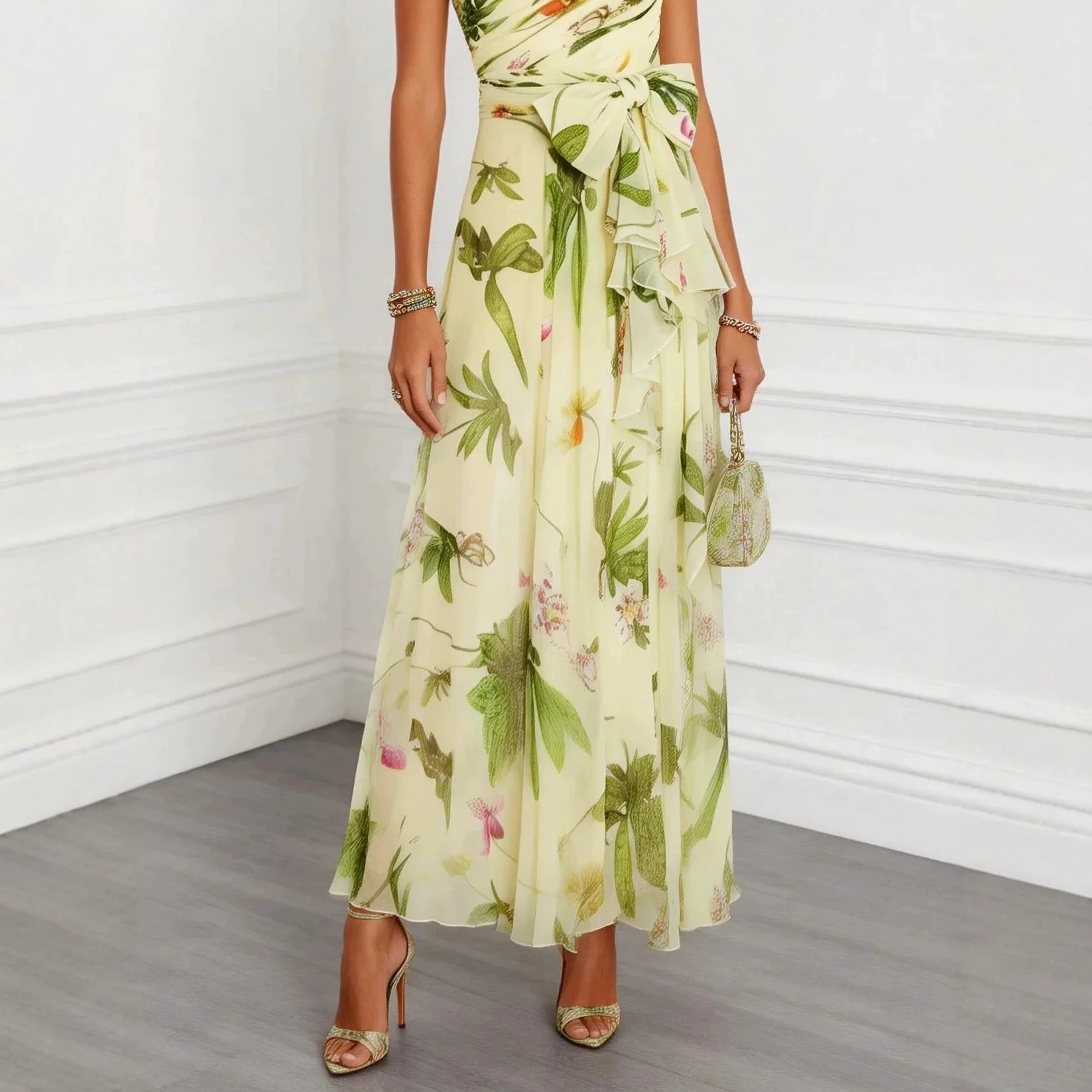 Floral Print One-Shoulder Chiffon Maxi Dress with Tie Waist