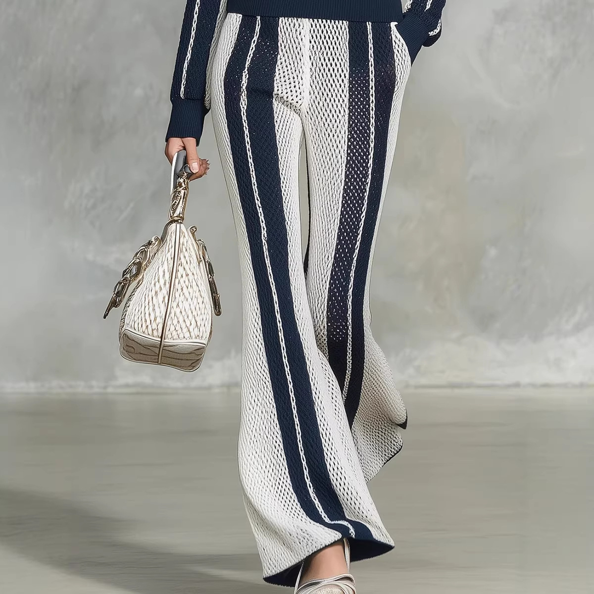 V-Neck Striped Hollow-Out Knit Shirt & Wide-Leg Pants Set