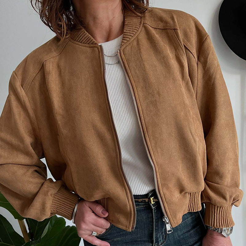 Women's Faux Suede Zip-Up Jacket Solid Color Casual Coat