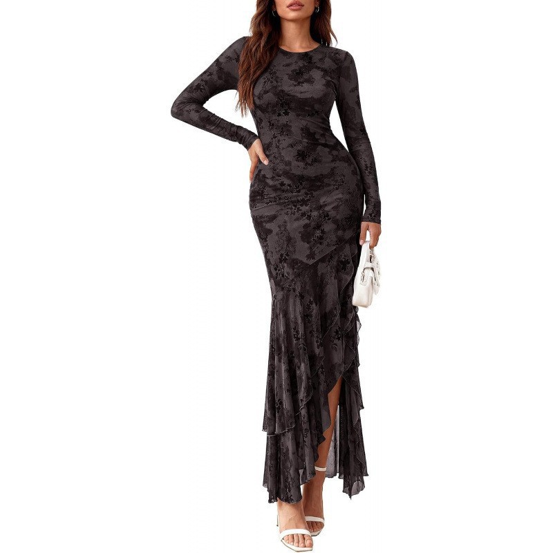 Slim-Fit Long-Sleeve Crewneck High-Waist Maxi Dress with Side Slit and Asymmetric Hem