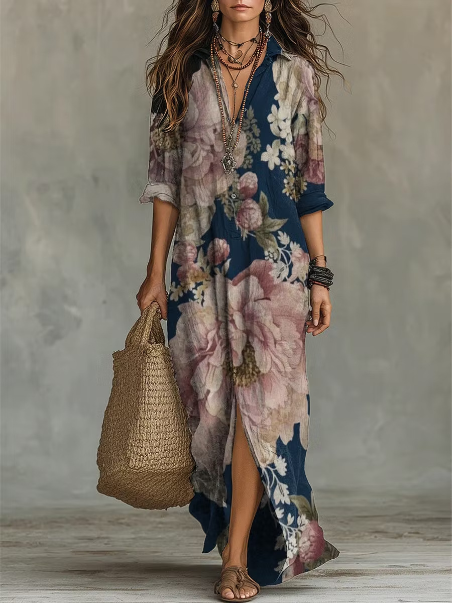 Bohemian V-Neck Midi Dress Short Sleeve A-Line Geometric Print
