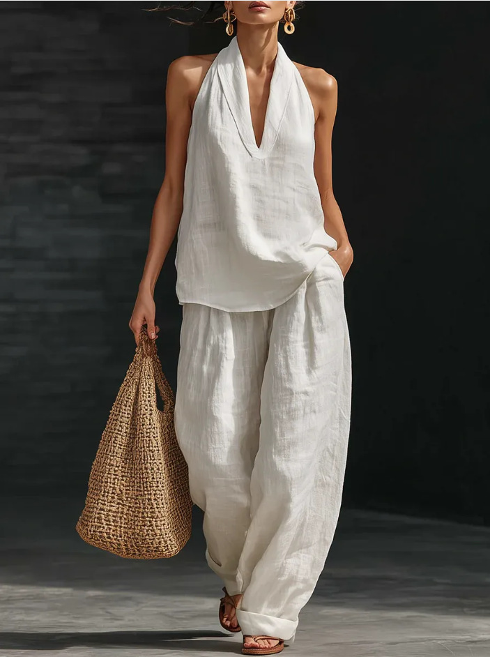 French-Style Halter V-Neck Open-Back Top & Wide-Leg Pants Set