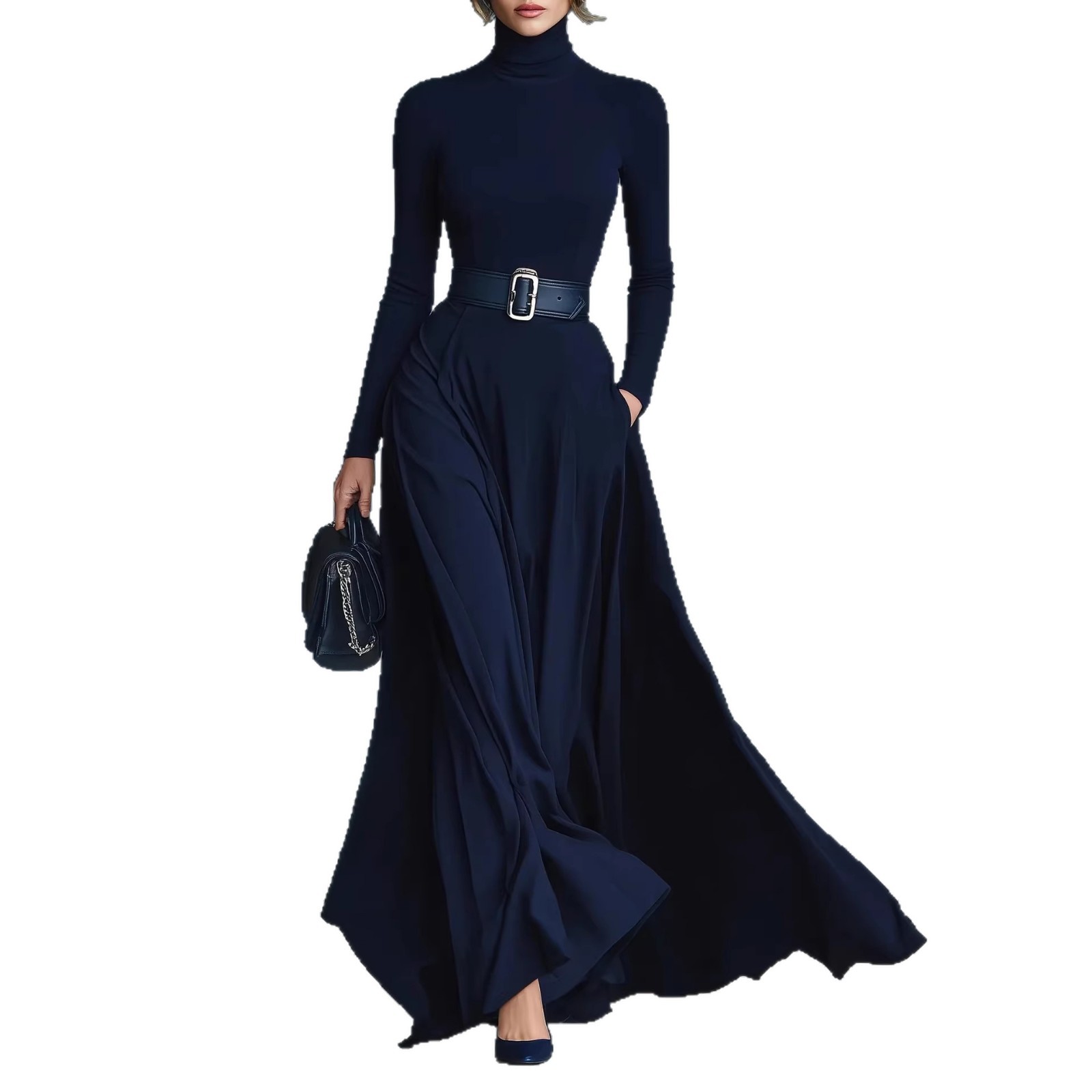 Long Sleeve Solid High Neck Waist-Cinching Maxi Dress