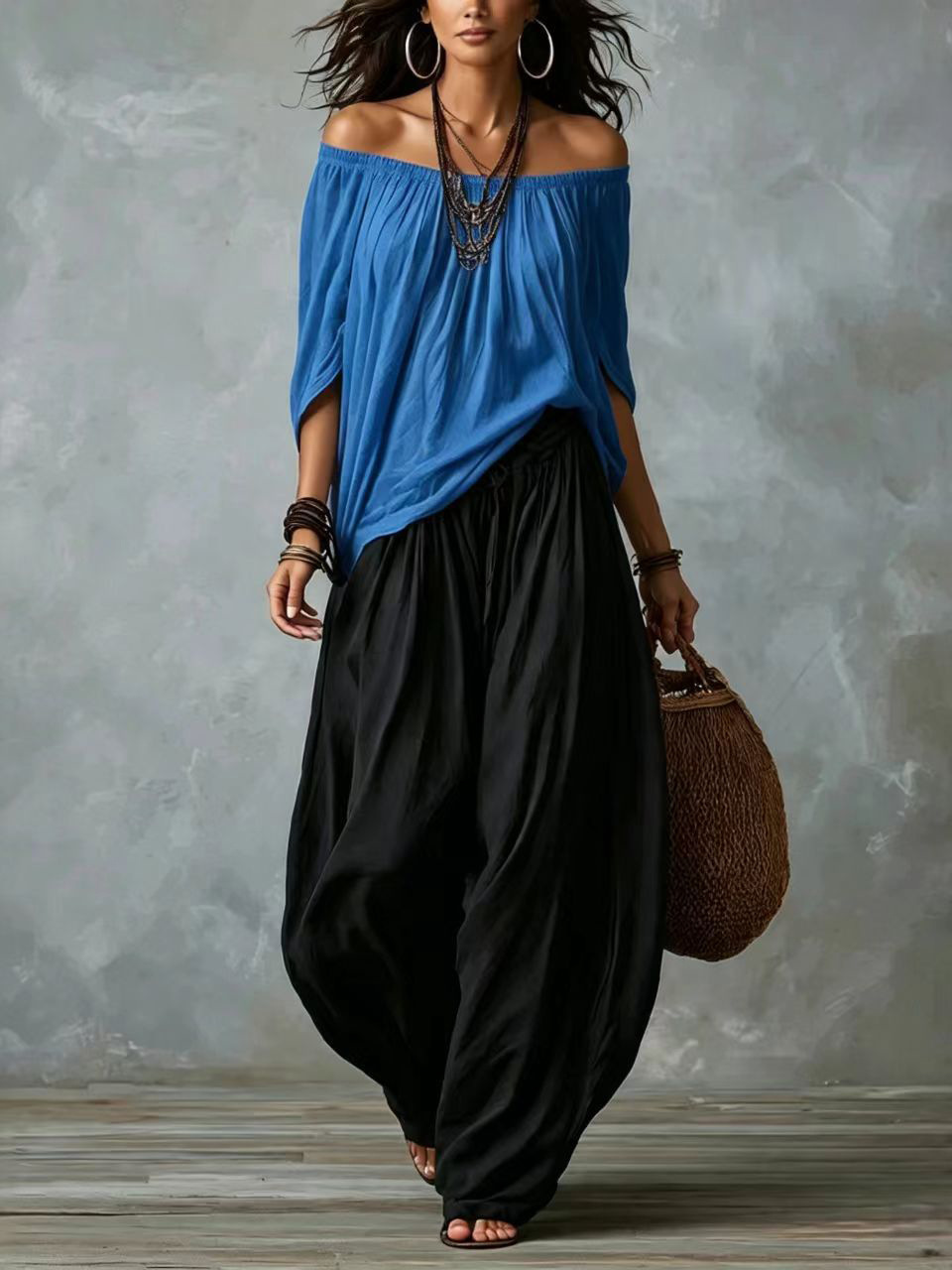 Women's Off-Shoulder Top and Wide-Leg Pants Set Casual Two-Piece Outfit