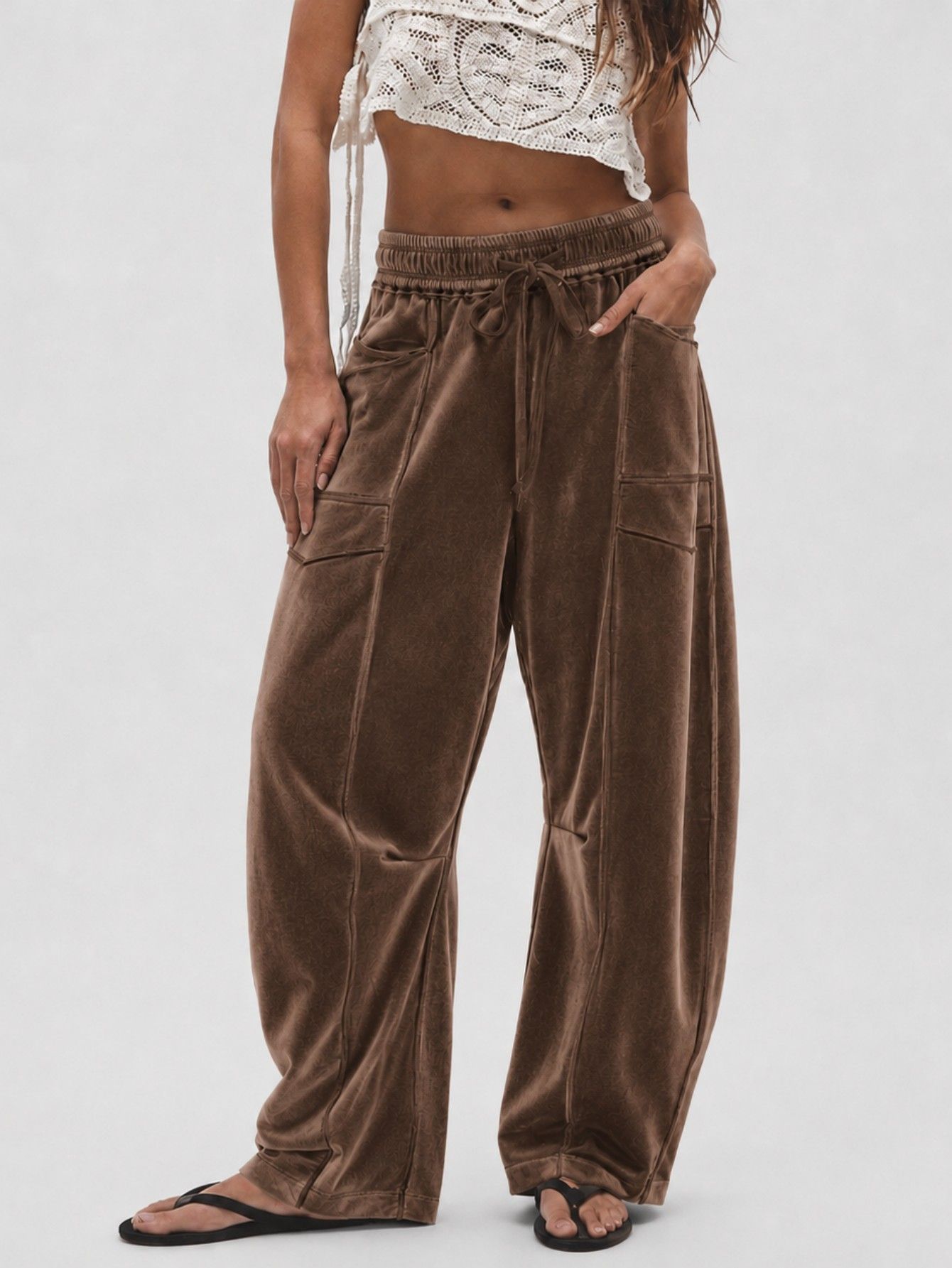 Women's Wide-Leg Velvet Pants with Drawstring Casual Loose Fit