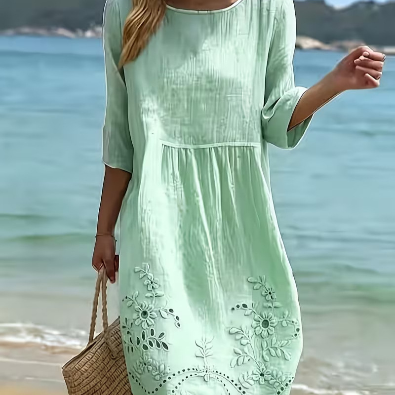 Women's Floral Print Pleated Midi Dress Round Neck Half Sleeve