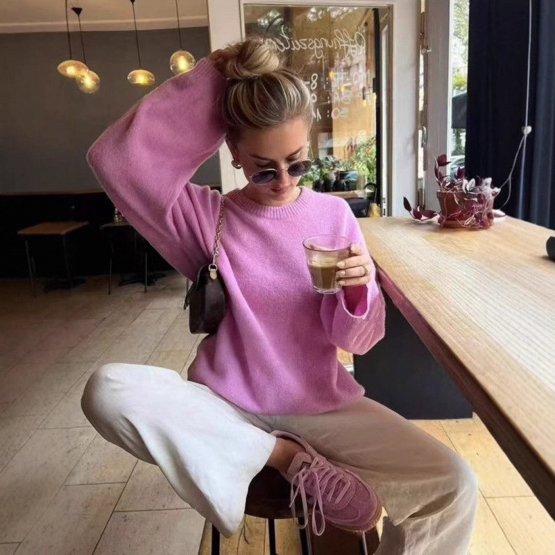Pink Crewneck Pullover Sweater Relaxed Casual