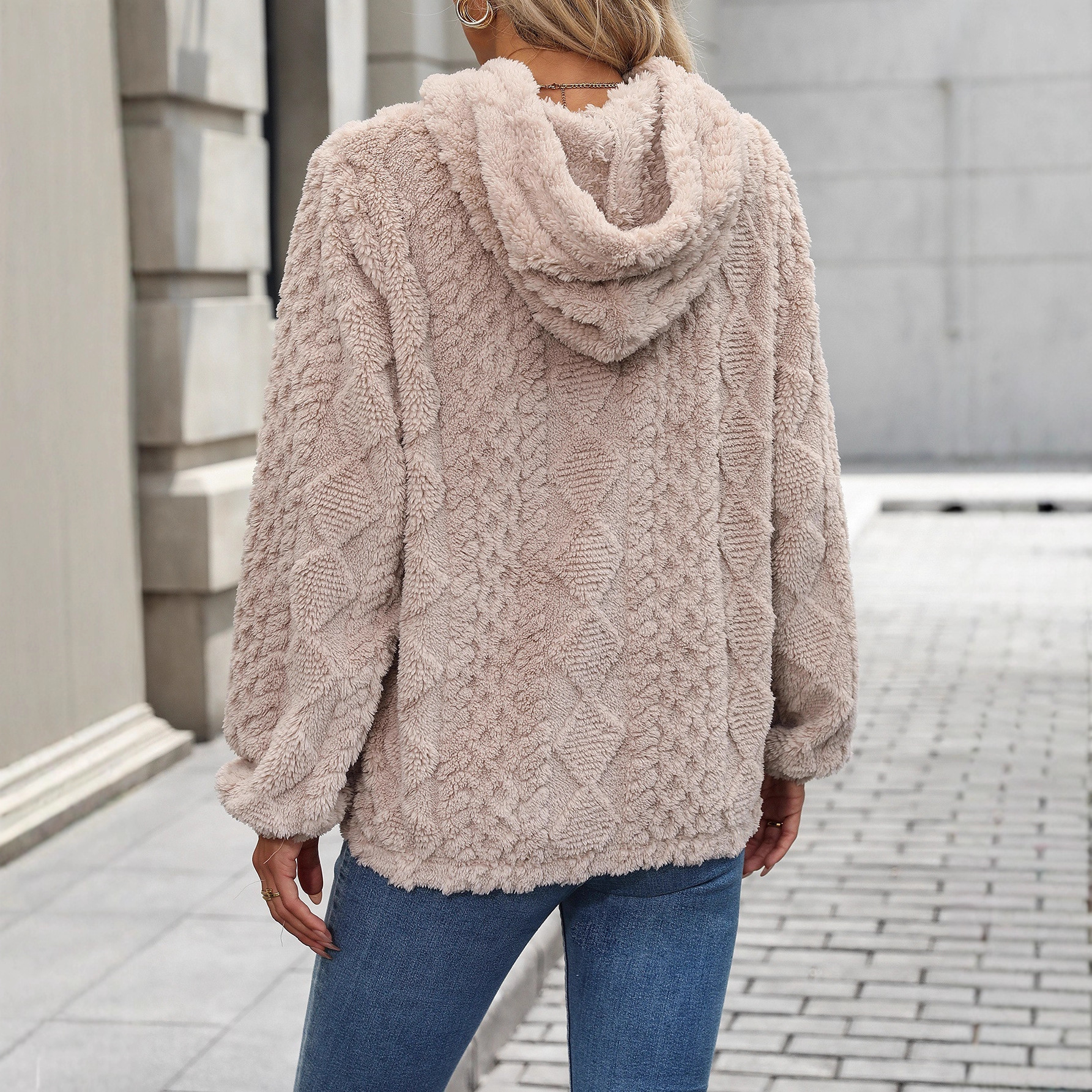 Women's Fuzzy Jacquard Hooded Pullover Sweatshirt