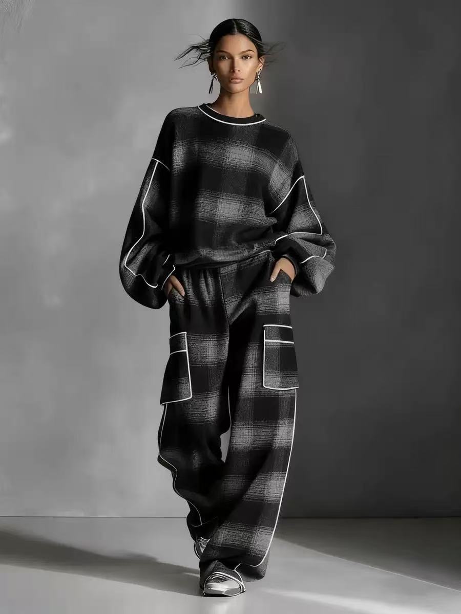 Women's Plaid Color-Block Trim Sweatshirt & Pants Set