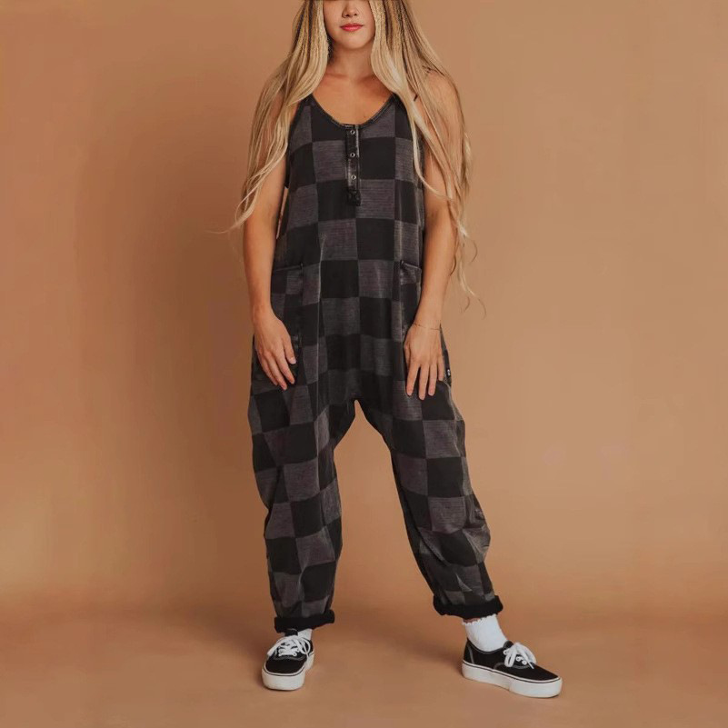 Plaid Print Sleeveless Wide-Leg Jumpsuit with Pockets