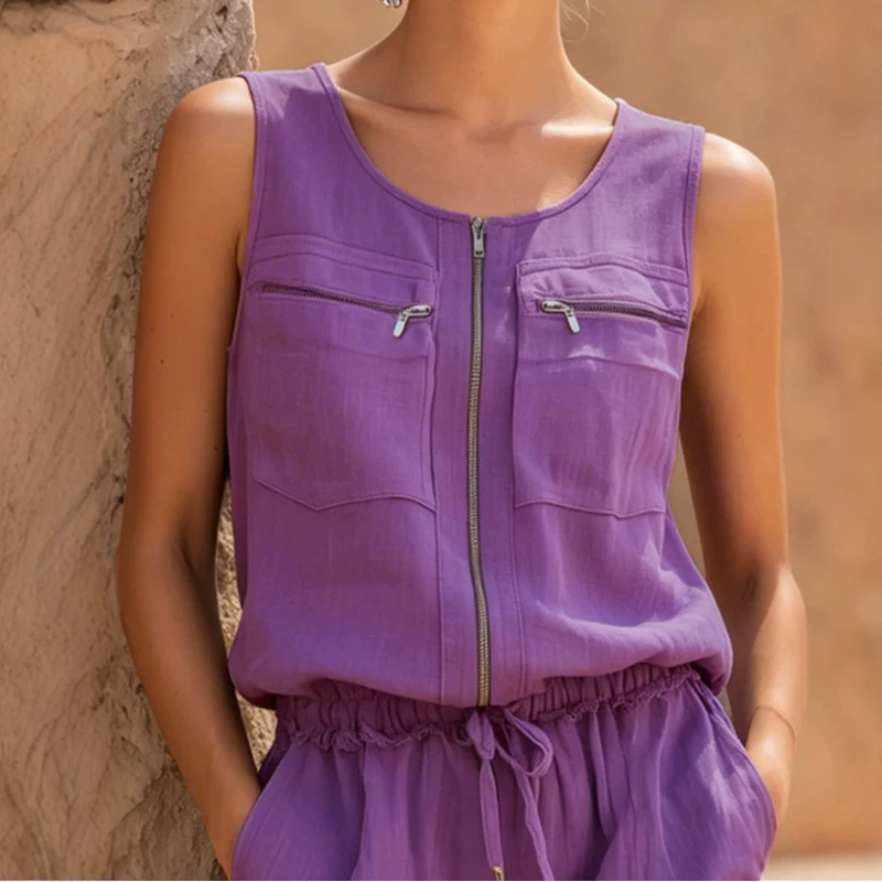 Purple Cotton-Linen Sleeveless Zip Top and Shorts Set