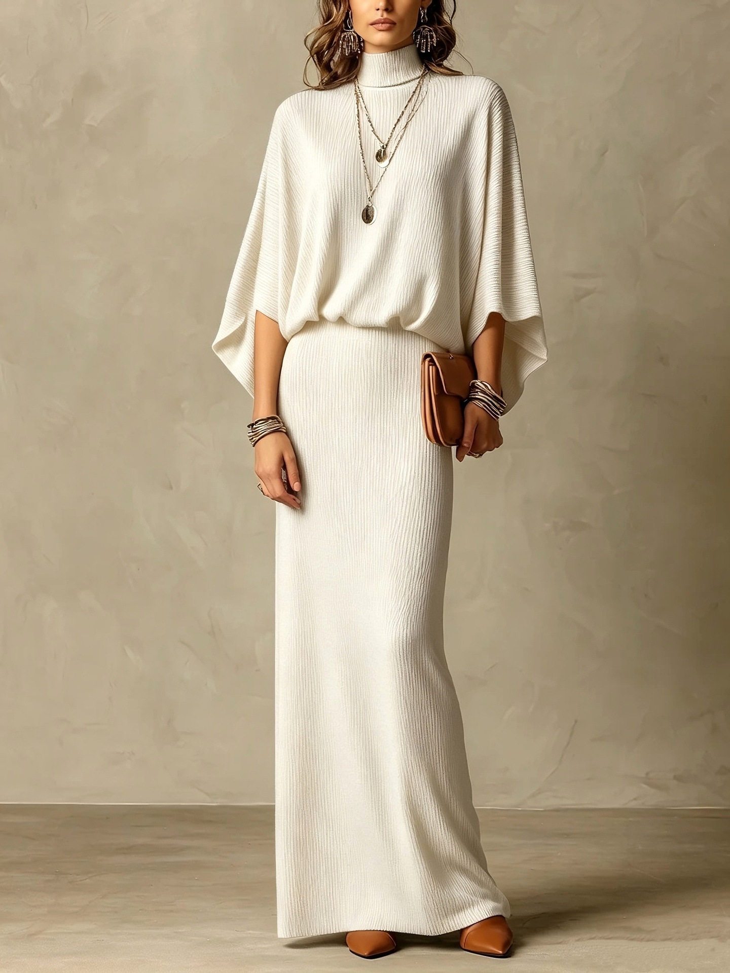 Solid Ribbed Batwing Sleeve Two-Piece Skirt Set