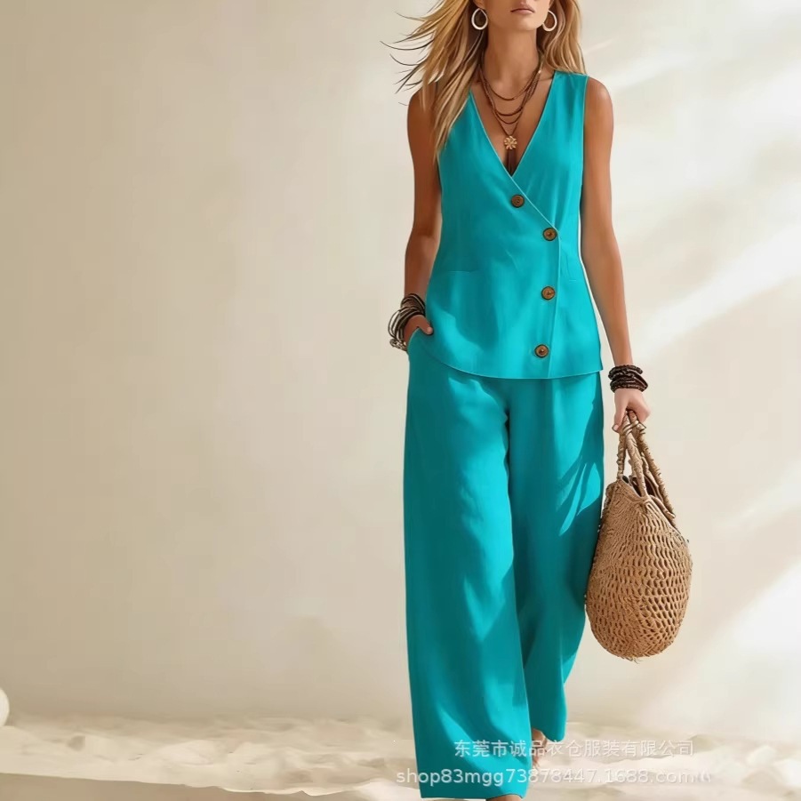 Women's Summer Cotton-Linen Button Cardigan & Pants Set Casual Vacation Solid Color