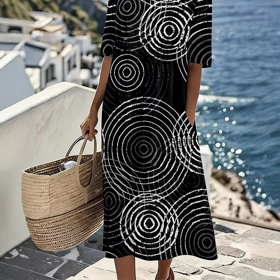 Women's Casual A-Line Midi Dress with Abstract Concentric Circle Geometric Print, Short Sleeve, Round Neck