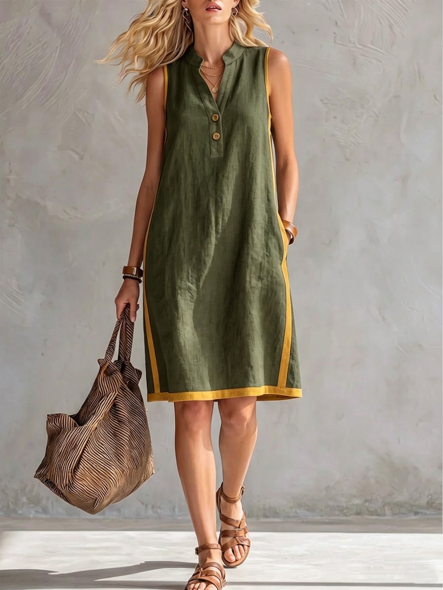 V-Neck Button-Down Sleeveless Midi Dress with Contrast Trim and Pockets