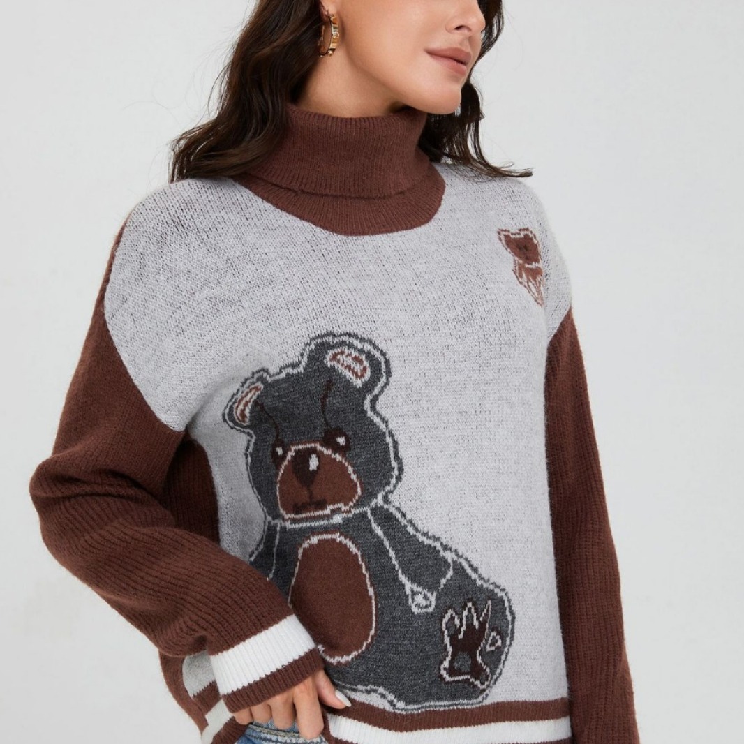 Women's Retro Color-Block Jacquard Cartoon Bear Turtleneck Knit Sweater