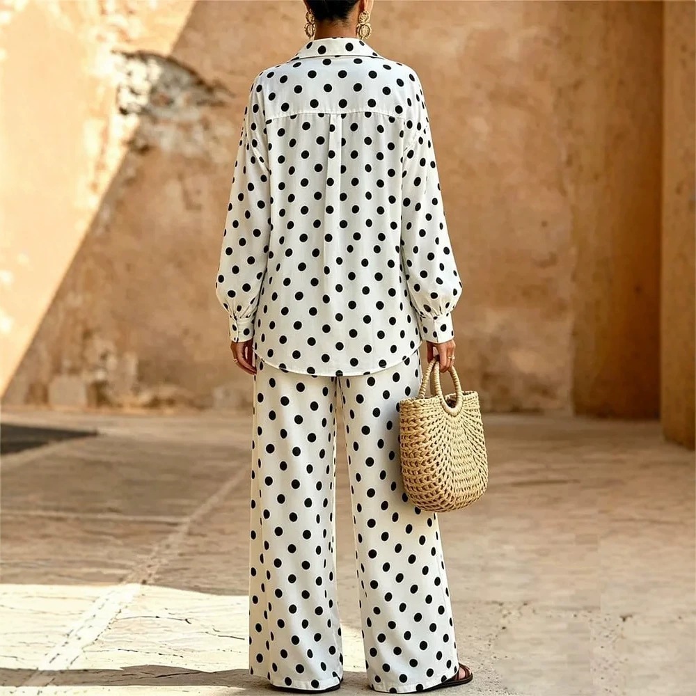Women's Polka Dot Two-Piece Set with Wide-Leg Pants
