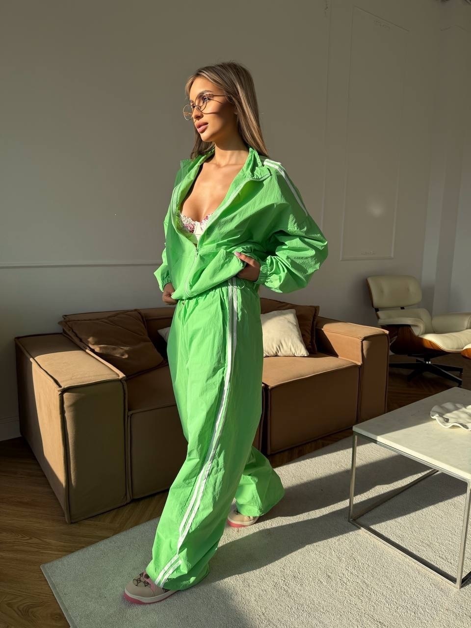 Women's Striped Zip-Up Sun Protection Two-Piece Set with High-Waist Wide-Leg Pants