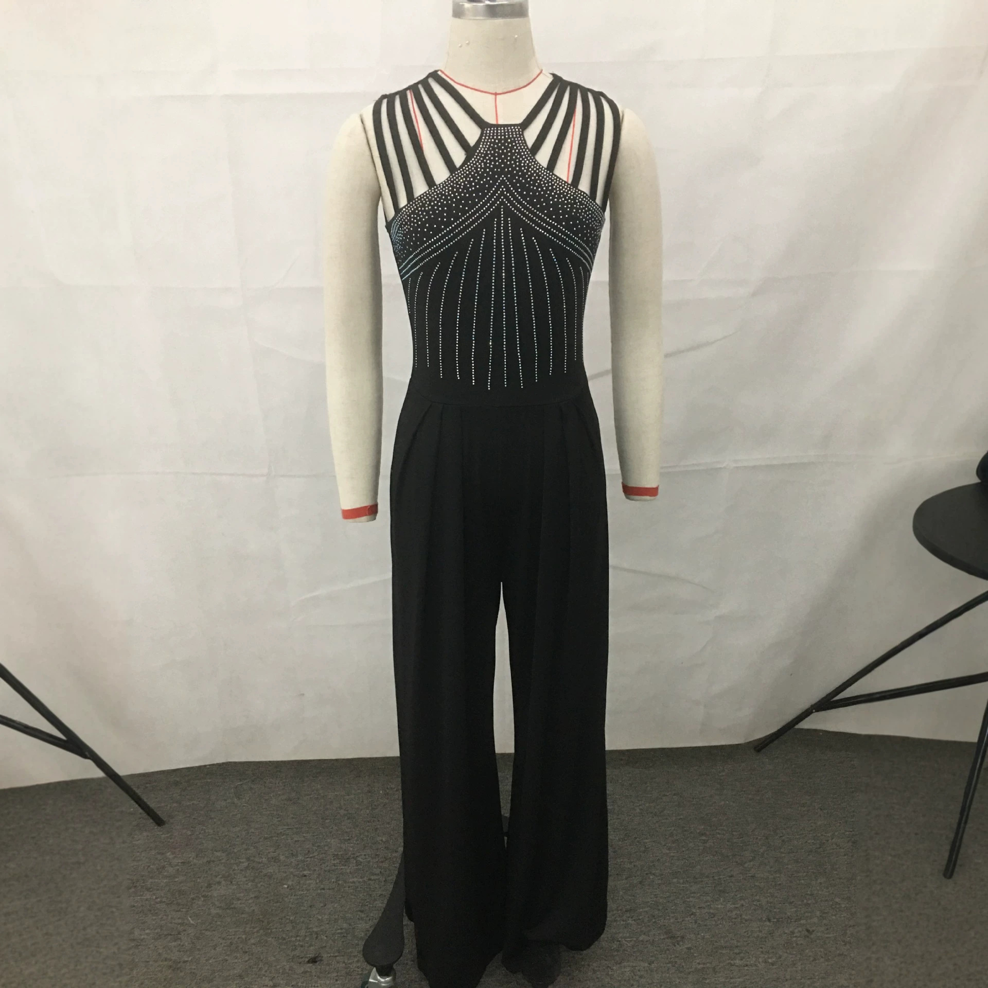 Women's Sleeveless Jumpsuit with Rhinestone Accents, Solid Color, Slim Fit, Long Pants