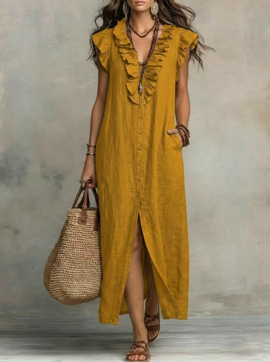 Boho Ruffle V-Neck Button-Front Maxi Dress with Pockets