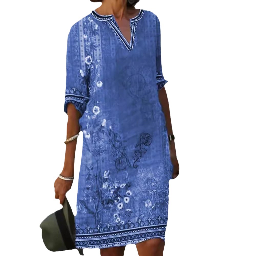 Bohemian Floral Print V-Neck Short Sleeve Midi Dress